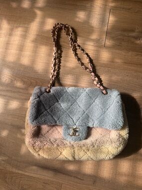 CHANEL Quilted Shearling Shoulder Bag in Light Blue, Pink & Cream